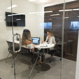 Two members in a meeting within an enclosed meeting area.